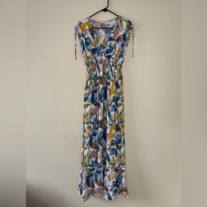 Floral Tie-Shoulder Maxi Dress in Blue, Mustard & Pink
